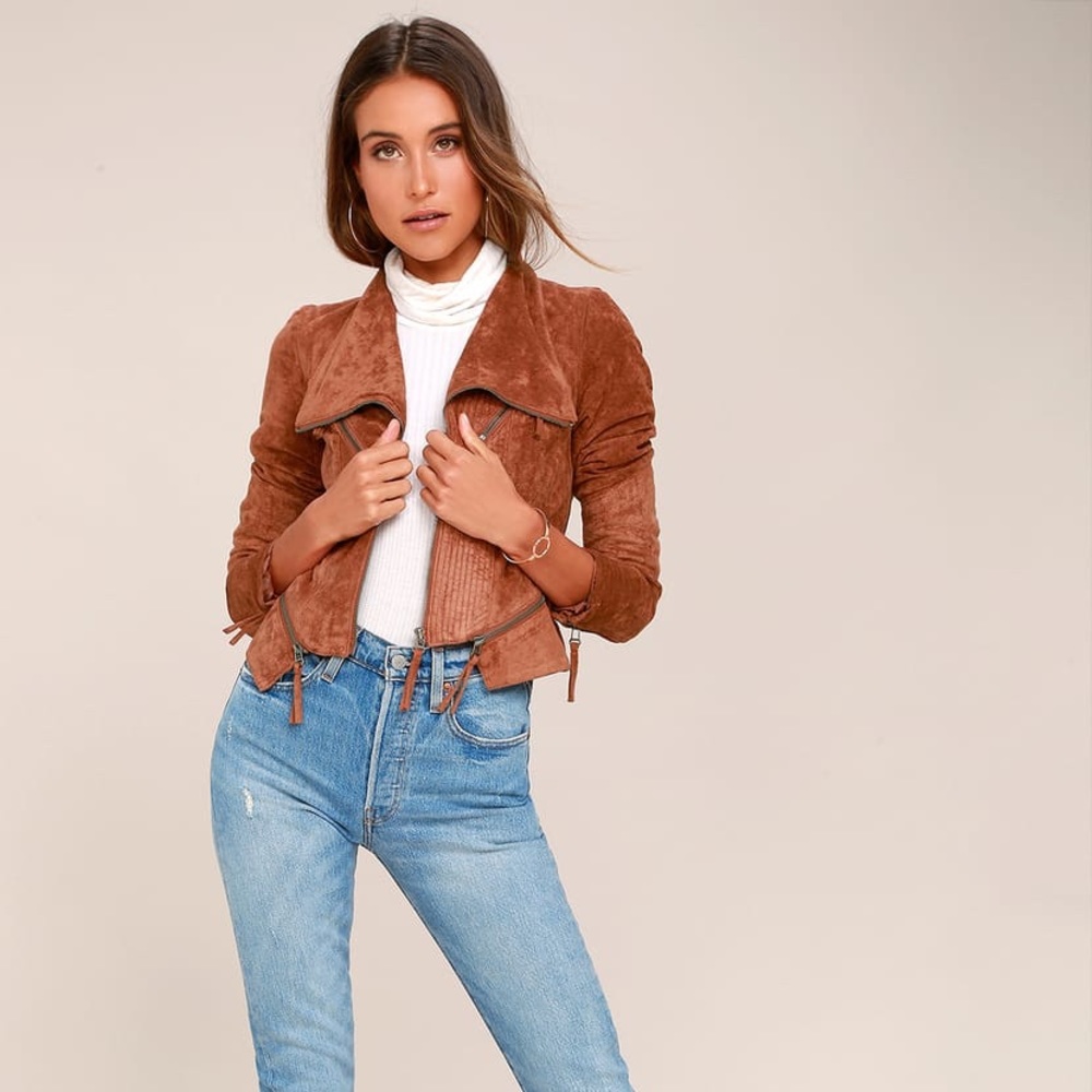 Suede Cropped Moto Jacket - Brown